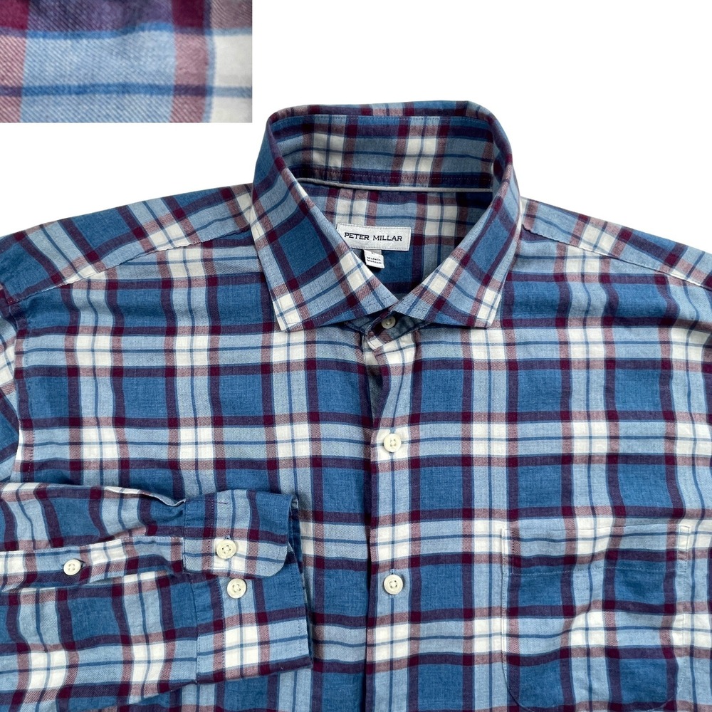 Peter Millar Crown Sport Mens Large L Blue Plaid Soft Flannel Cotton Twill Shirt